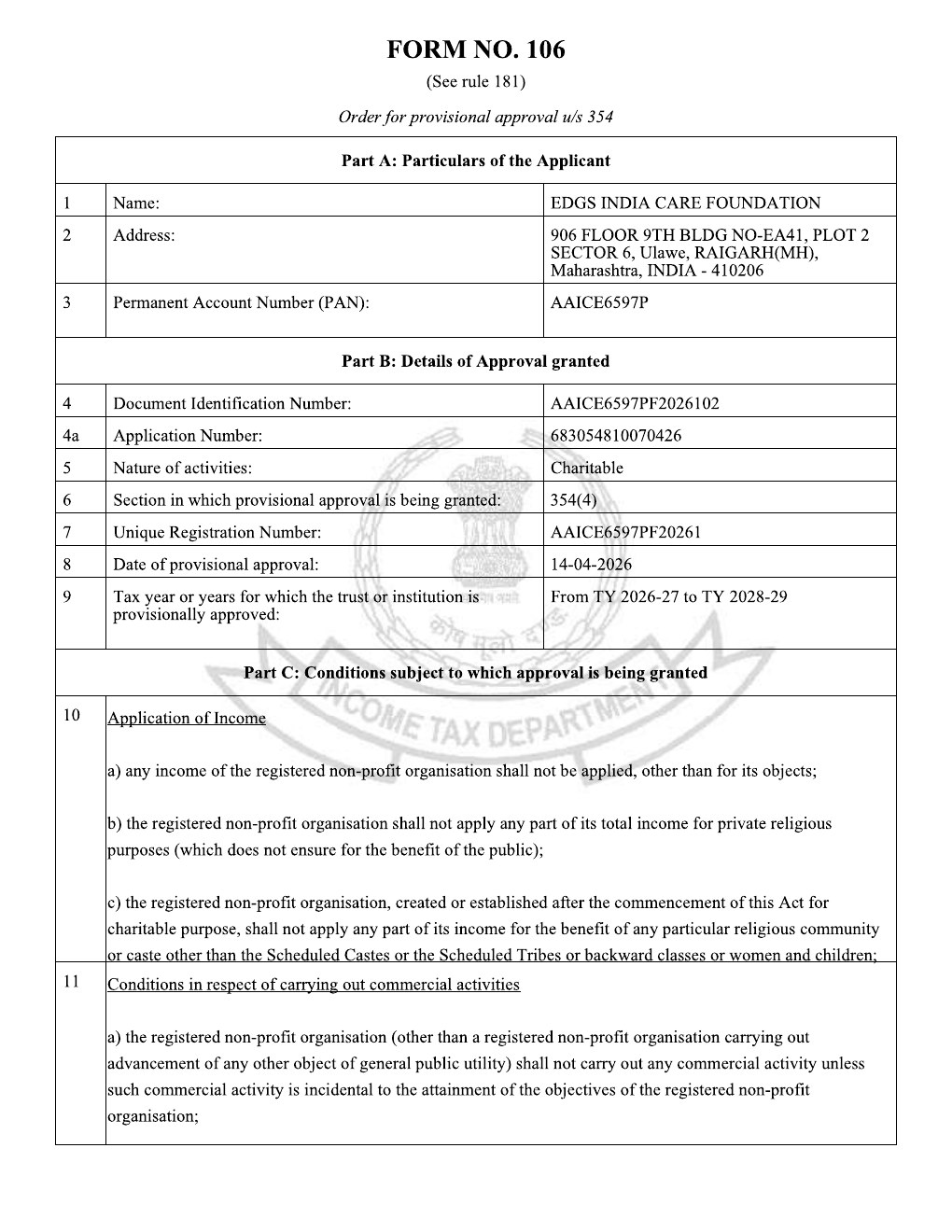 EDGS India Care Foundation 80G Approval