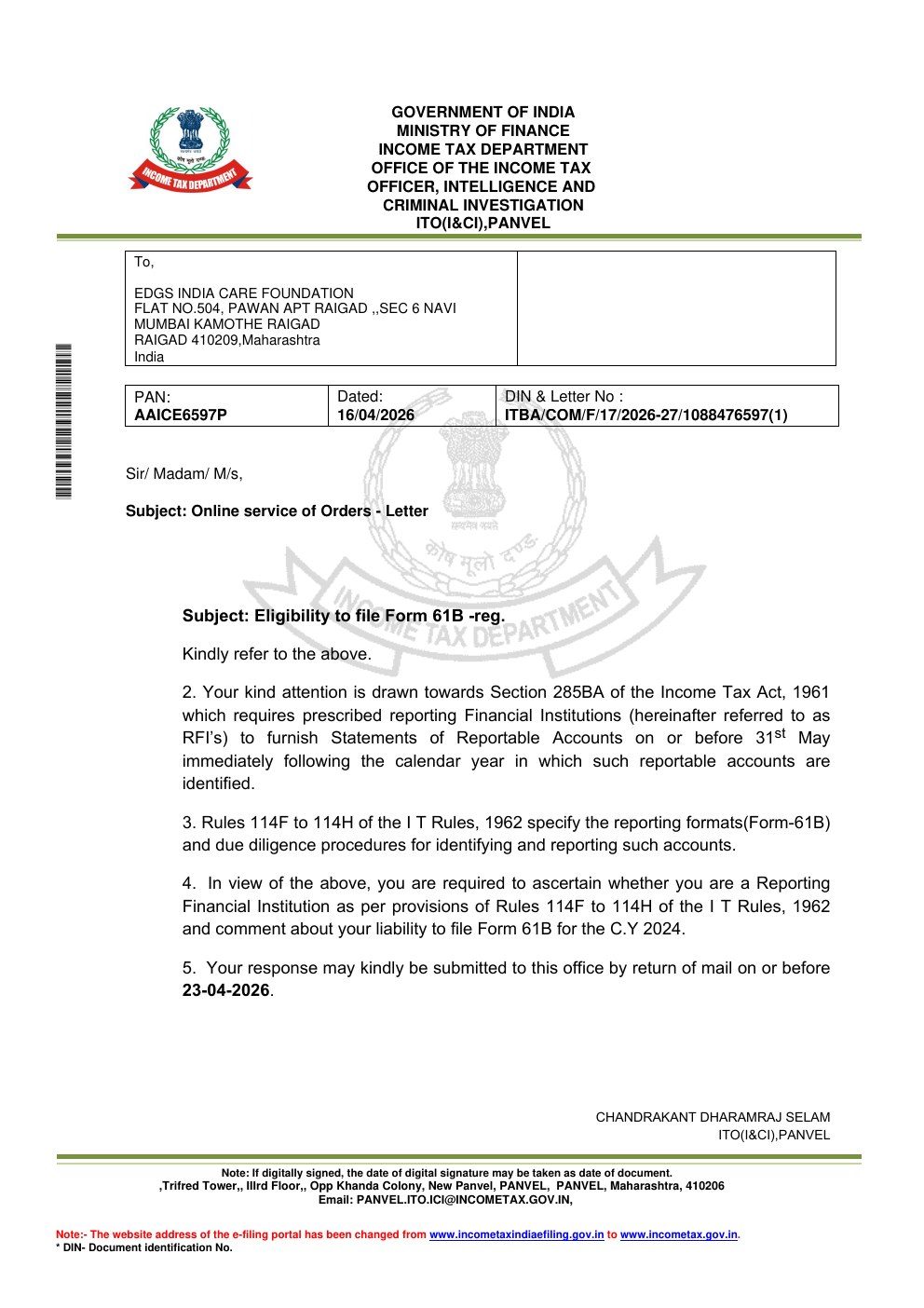 EDGS India Care Foundation Income Tax Department Letter